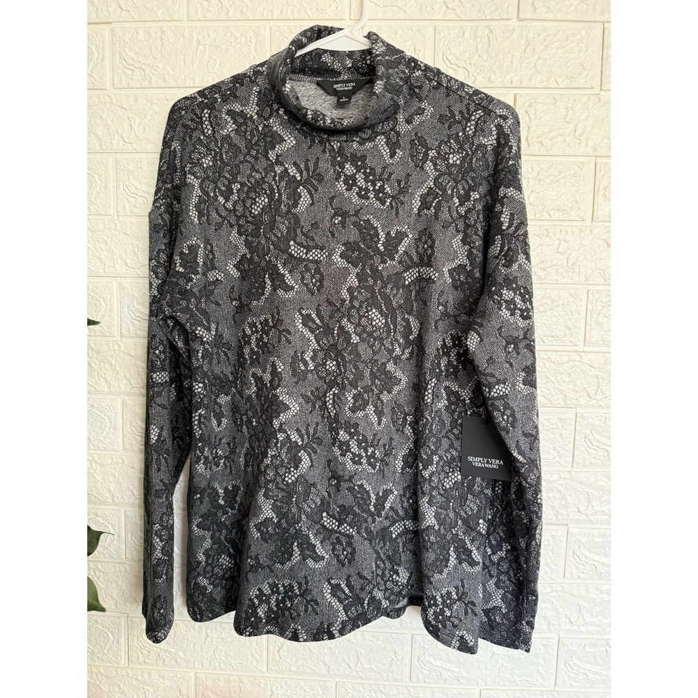 Simply Vera Vera Wang Women Long Sleeve Sweater Grey Black Metallic Mayhem L
